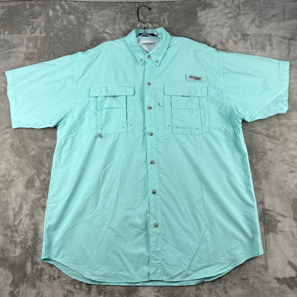 Columbia Fishing Shirt Mens L Bahama II Aqua Blue Vented Button Down EUC